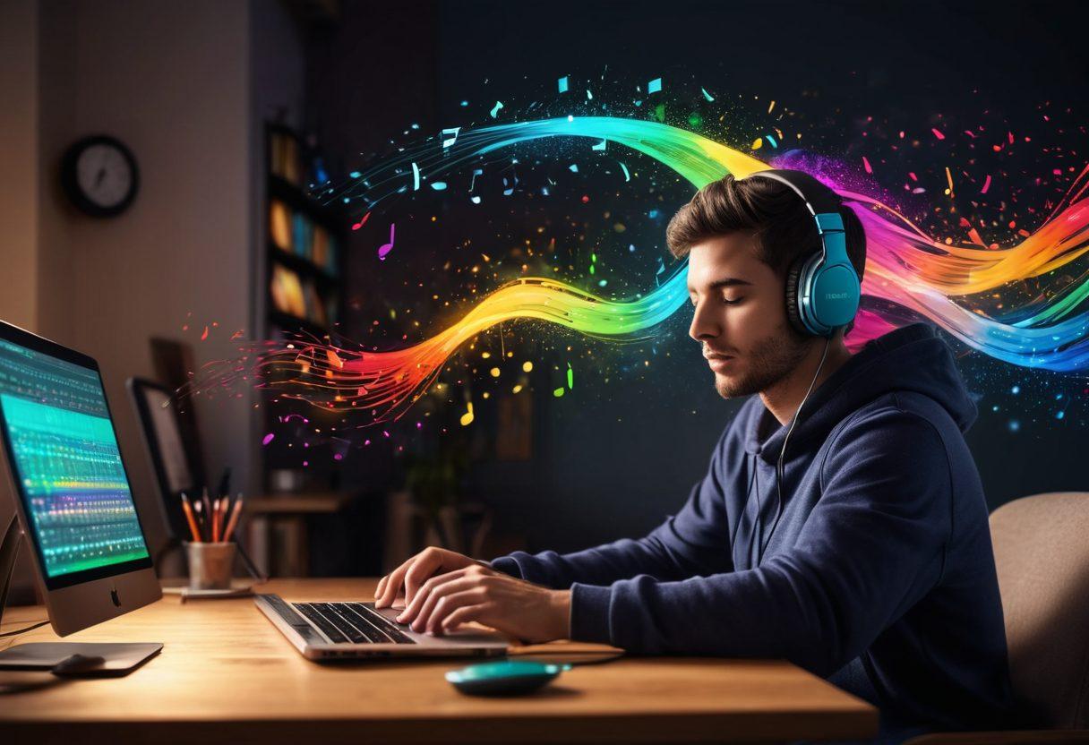 A person sitting at a cozy desk with headphones on, immersed in creating audio content, surrounded by colorful musical notes swirling around them. The background features a visually striking representation of a sound wave emerging from a Spotify logo, symbolizing the power of audio in blogging. Soft, warm lighting enhances the inviting atmosphere. super-realistic. vibrant colors. soft focus.