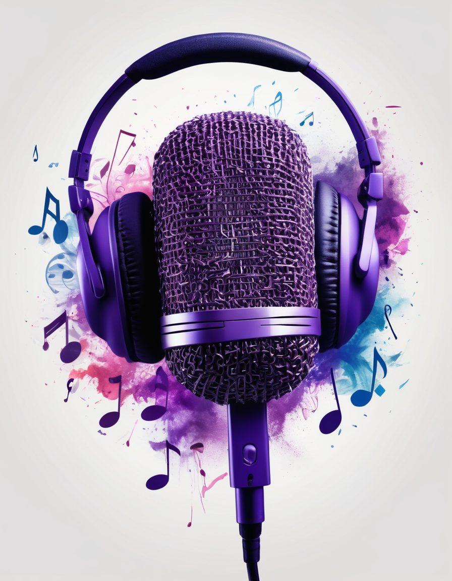 A vibrant collage of a microphone and musical notes blending into sound waves, with headphones in the foreground. The background features silhouettes of people engaged in conversation and listening to music, creating an inviting atmosphere for discussions and podcasts. The color palette should be dynamic with blue and purple hues to convey creativity and engagement. super-realistic. vibrant colors. white background.