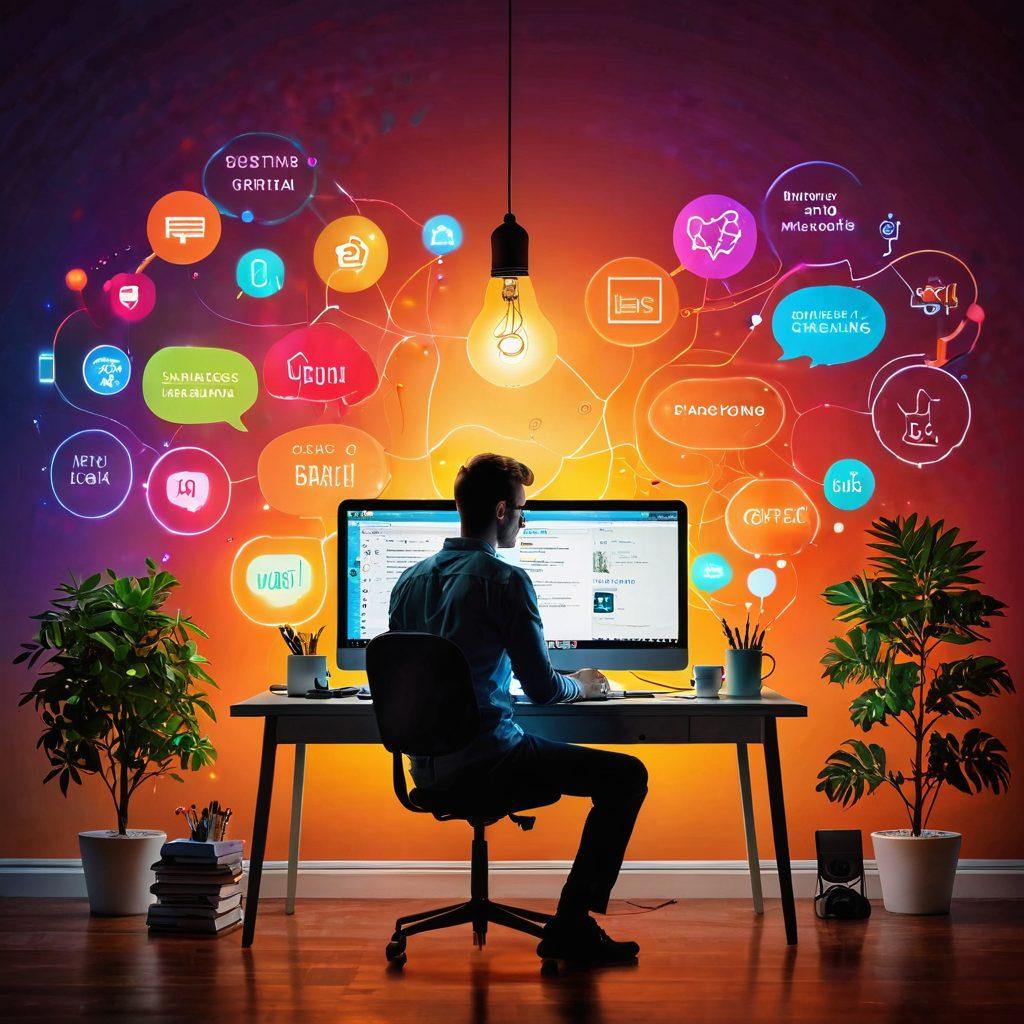 A dynamic scene depicting a digital storyteller seated at a sleek desk, absorbing inspiration from a vibrant digital canvas filled with colorful graphics and text bubbles. Elements of blogging, such as keyboards, digital devices, and coffee cups, surround them, creating a cozy but stimulating atmosphere. Above, a light bulb glows with creative ideas, symbolizing innovation and thinking outside the box. A soft glow emanates from screens, reflecting engaging storytelling. super-realistic. vibrant colors. cozy atmosphere.
